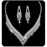 Jumwrit Bridal Necklace and Earrings Set Rhinestone Choker Necklace Silver Tassel Dangle Earrings Crystal Wedding Necklace and Earrings for Brides