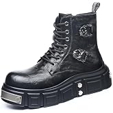 EGGDK Men's Leather Gothic Punk Ankle Boots Comfort Round Toe Lace-Up Side Zipper Platform Combat Boots for Concerts Festivals Night Outs And Everyday Edgy Style