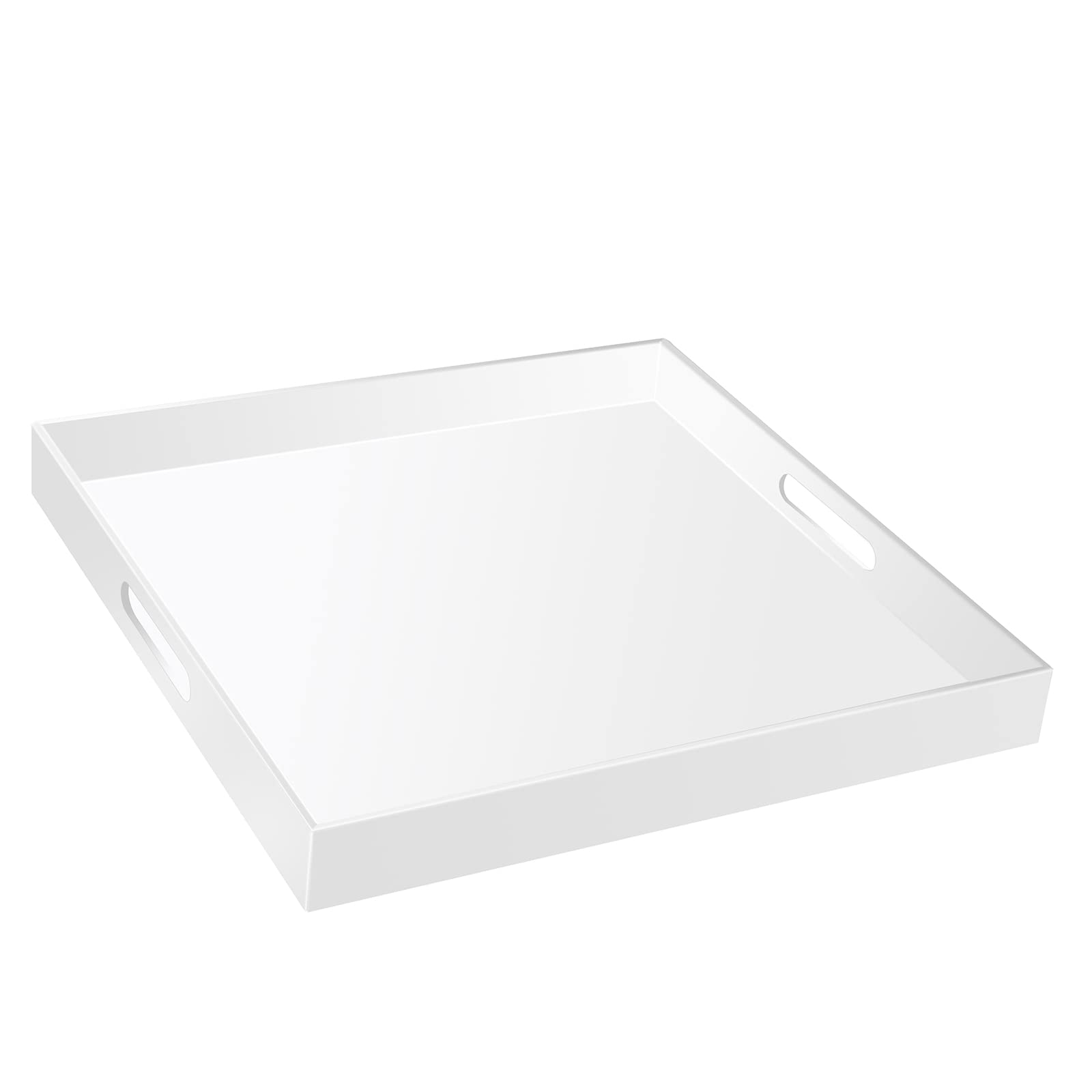 Photo 1 of 18×18 Inches Glossy White Acrylic Serving Tray with Handles Extra Large Ottoman Tray Decorative Trays Spill-Proof Coffee Table Space Saver Oversize Counter top Organizer Platter with Safe Edge