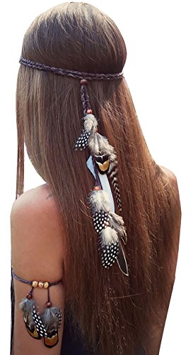 Set of 2 Bohemian Brown Feather Tassels Headband with Armband Gypsy Hippie Peacock Headwear Headdress Woman Girls Favorite Hair Accessories