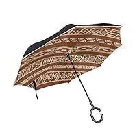 Jojogood Ethno Pattern Inverted Umbrella Reverse Auto Open Double Layer Windproof UV Protection Upside Down Umbrella for Car Rain Outdoor Use