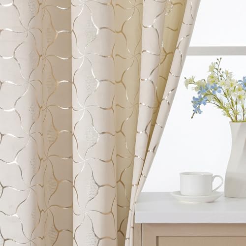 Gazal Vole Golden Cream Curtains Geometric Design, H220 x W140 cm, Set of 2 Panels, Soft Velvet, Blackout Curtains 75-80%, Metal Eyelets 4 cm, Living Room Bedroom Office