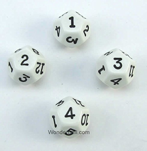 WKP02729E4 White Opaque Dice with Black Numbers D12 16mm (5/8in) Pack of 4 Dice Koplow Games