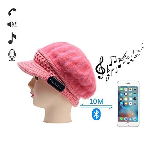 Bluetooth hat 007plus Bluetooth Wool Beanie Hat Winter Warm Soft Knit Cap with Wireless Headphone Headset Earphone Stereo Speaker Microphone Hands Free for Outdoor Sport (peach pink)