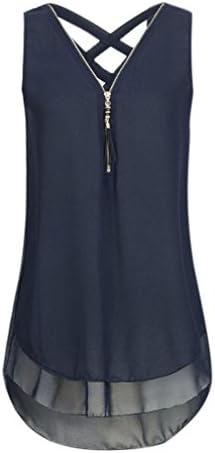 Qisc Womens Tops Women Casual Summer Chiffon Blouse V Neck Sleeveless Top Shirts with Zipper (XL, Blue)
