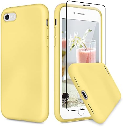 VEGO Compatible for iPhone SE 2020 Rubber Case, iPhone 7 8 Slim Silicone Case with Tempered Glass Screen Protector, Microfiber Lining Shockproof Cover for iPhone 7/8/SE 2020 4.7 inch – Yellow