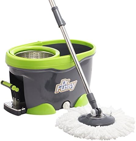 Dr Fussy Stainless Steel Deluxe Foot Pedal Spin Mop and Bucket Cleaning System with 4 Microfiber Mop Heads