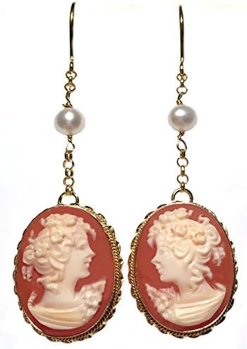 Earrings Dangle French-Wire Cameo Italian Sterling Silver 18k Gold Overlay Carnelian Conch Shell