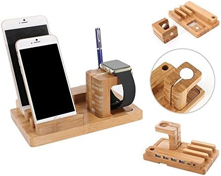 Wayon Apple Watch Stand,Bamboo Wooden 4 in 1 iPhone iPad iPod Apple Watch USB 4 Port Micro HUB Charging Stand Station Dock Platform Cradle Holder
