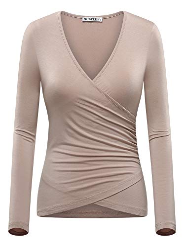 GUBERRY V Neck T Shirt Women Fitted Surplice Long Sleeve Wrap Top Camel