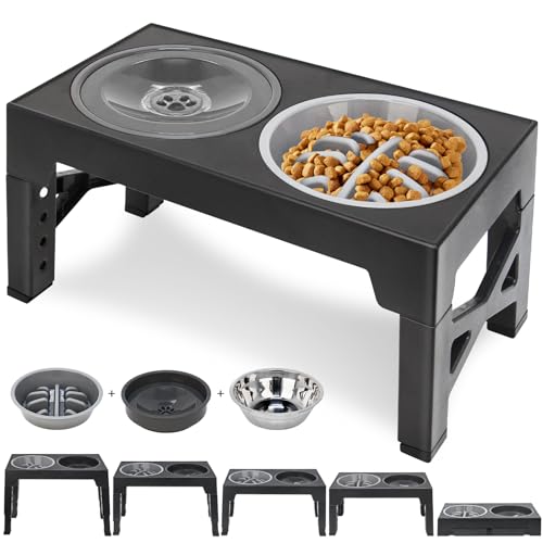Polegas 3-in-1 Upgraded Raised Dog Bowl with Stand Elevated Dog Bowl with Slow Feeder,Non-Spill Slow Water and Stainless Steel Bowls 5 Height Adjustable dog food stand for Small Medium Large Sized Dog