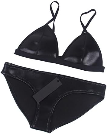 MUXILOVE Bright Color Conjoin Mesh Wet Suit Neoprene Bikini Swimsuit Triangle Top Swimsuit Bottom Black X-Small