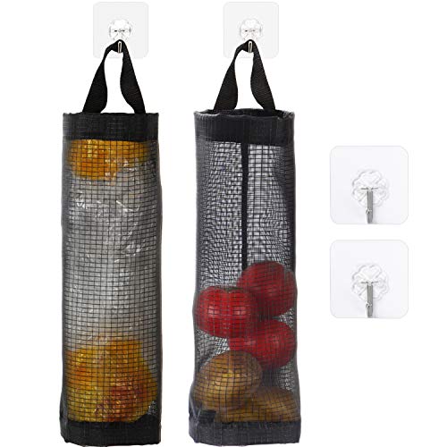Maxdot 2 Pieces Plastic Bag Holder Hanging Folding Mesh Garbage Bag Organizer Waste Bag Storage Trash Bags Dispenser with Hooks (Black)