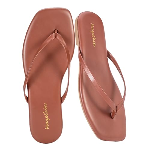 mazeskin Womens Memory Foam Flip Flops Leather Sandals Light Brown US7.5 at Amazon