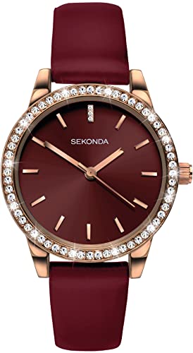 Sekonda Editions Ladies Analogue Quartz Watch with Rose Gold Case and Burgundy Strap 40335