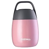 ONEISALL GYBL116 450ML Cute Student Stainless Steel Food Flask with Foldable Spoon and Sturdy Handle ,Insulated Mini Food & Soup Thermal Flask for Kids , 384G (Pink)