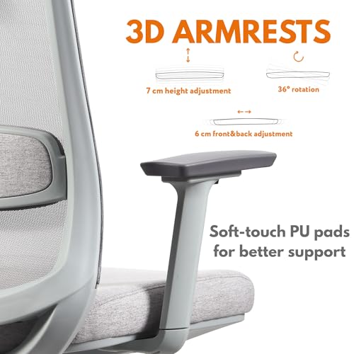 Skyland Ergonomic Office Chair with Mesh Backrest, Soft 3D Armrests, Desk chair with lumbar support, Executive Computer Chair for Home Office (Grey)