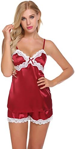 Anhoney Women Sexy V Neck Sleepwear Silk Satin Chemises Lingerie Halter Babydoll Nightdress Set
