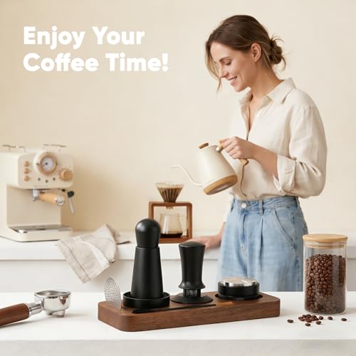 Espresso Accessories Set 54 mm, Wooden Tamper Station with Adjustable Height, Non-Slip Base and 3 Silicone Pads - Organizer for Portafilter, Distributor, Brush and Dispenser