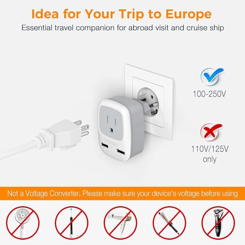 TESSAN European Travel Plug Adapter, Europe Power Adaptor with 2 USB Ports, International Type C Outlet Charger for US to Most of EU Iceland Spain Italy France Germany