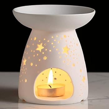 NJCharms Ceramic Tealight Holder Essential Oil Burner Candle Warmers Carved Star White