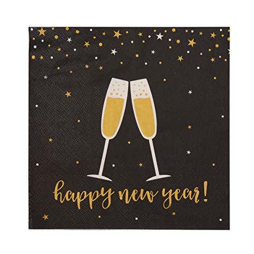 Cocktail Napkins - 100-Pack Disposable Paper Napkins, New Year Holidays Dinner Party Supplies, 2-Ply, Champagne Toast in Black and Gold Design, Unfolded 13 x 13 Inches, Folded 6.5 x 6.5 Inches