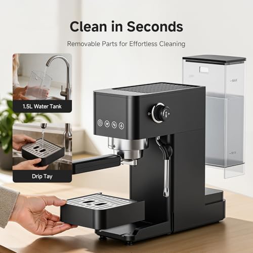 AMZCHEF 20-Bar-Professional-Espresso-Machine, 1350W Coffee Machine with Milk Frother, Flexible Brewing Options, Compact Espresso Machine for Cappuccino, Latte, Black