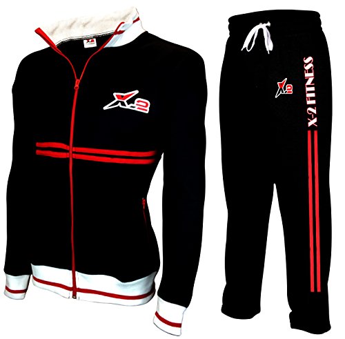 X-2 Mens Full Zip Fleece Tracksuit Jogging Sweatsuit Activewear Red Pipe Black XXXL
