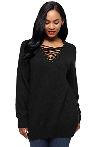 Huusa Sexy Womens Lace up Neck Long Sleeve Pullover Knitted Sweater