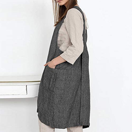 TIFENNY Women Cotton Linen Stripe Pinafore Square Cross Apron X Backless Garden Work Pinafore Dress with Pocket Gray