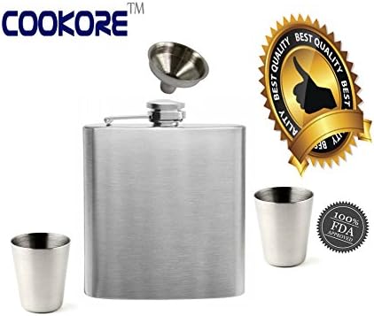 Cookore® Hip Flask Gift Set- Includes 7oz Brushed Stainless Steel Flask, Funnel, 2 Shot Glasses, Beautiful Gift Box!