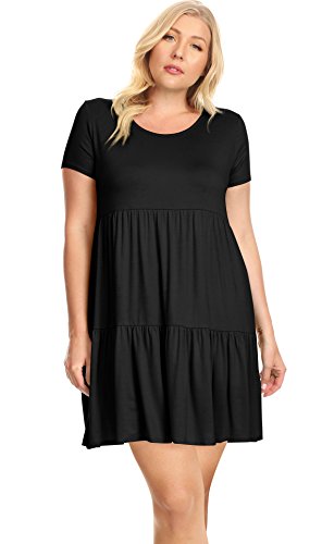 Black Plus Size Short Sleeve Tiered Summer Babydoll Dress (Size XXX-Large US 16-18, Black)