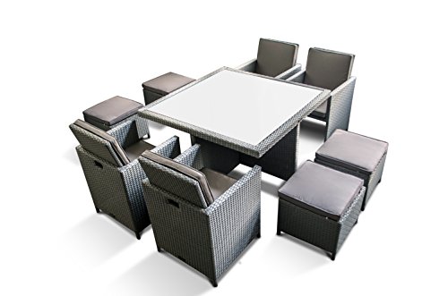 Ragnarök-Möbeldesign PolyRattan - DEUTSCHE Marke - EIGNENE Produktion - 8 Jahre GARANTIE auf UV-Beständigkeit Gartenmöbel Essgruppe Tisch + 4 Stühle & 4 Hocker 12 Polster Platinum Grau