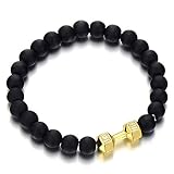 Mens Boys 8MM Black Onyx Bead Bracelet with Gold Color Barbell Dumbbell, Prayer Mala
