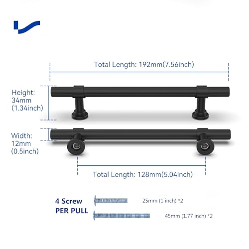 LONTAN 15 Pieces Kitchen Handles 128 mm Distance Black Handles Drawers Stainless Steel Furniture Hardware Minimalist Design for Dresser Drawers and Kitchen Cabinets