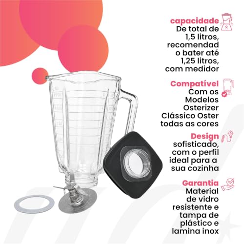 Copo de Vidro Quadrado Compatível com Liquidificadores Oster Clássicos - Base com Lâmina,Tampa e Dosador
