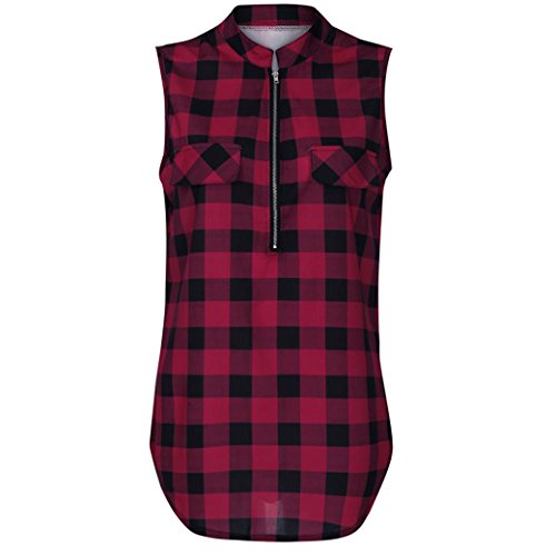 NREALY Women's Casual Zip Plaid V Neck Short Sleeve Polo Shirt Blouse Top Tee Vest(Large, Red)