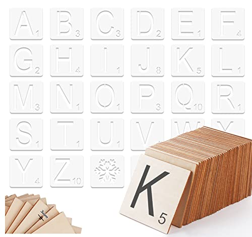 ilauke 4 inch Unfinished Wood Pieces - 50pcs Blank square Wood pieces with 26 letters stencils and 4 snowflake templates, perfect for scrabble and letters wall decor