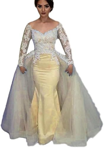 Liaoye Women's Lace Mermaid Prom Dressses Detachable Long Sleeves Evening Party Gown Yellow 16