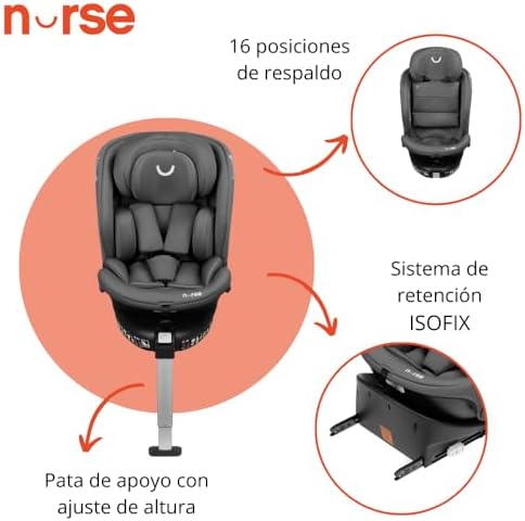Titane Silla de Coche i-Size 40–150 cm, 360º, ISOFIX y Pata de Apoyo, A Contramarcha y Cara Marcha, Protección Lateral, Gris