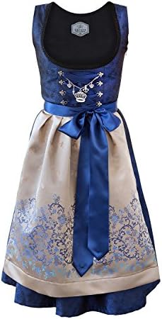 Edelnice TrachtenmodeExclusive Highly Limited Edition Designer Midi Dirndl 3 Piece Royal Blue Gold White Blouse and Beautiful Apron Made in Germany UK8; UK10; UK12; UK14; UK16