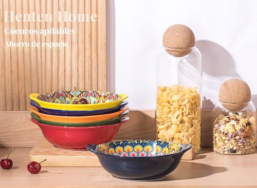 Henten Home Set of 6 Bowls with Handles, Salad Plates, Bohemian Style Bowls, 520 ml, Ceramic Pasta Plates for Pasta, Soups, Salads, Fruits