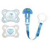 MAM Pacifier and MAM Pacifier Clip Value Pack (2 Pacifiers & 1 Clip), Pacifiers 0-6 Months, Baby Boy Pacifier "I Love Daddy" Design, Baby Pacifier Clips, Blue & White