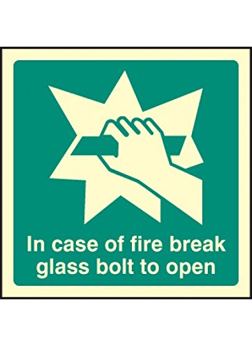 Caledonia Signs 42043U In Event of Fire, Break Glass Bolt to Open Sign, Photo luminescent, Self-Adhesive, Vinyl, 100 mm x 100 mm