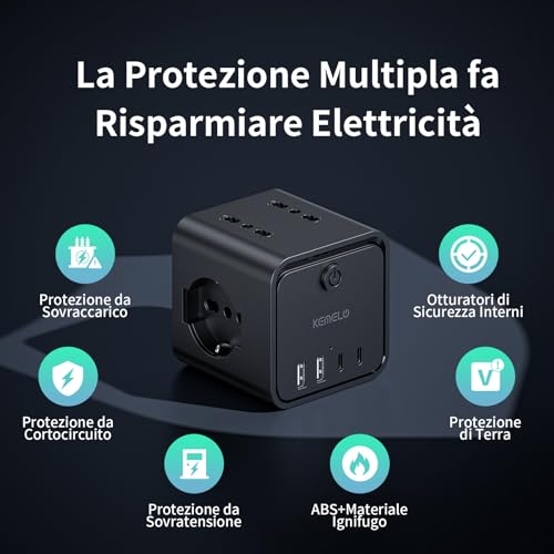 Electric Power Strip with 4 Universal Sockets 10/16A ITA and Schuko, 2 M Electrical Extension Cable with 2 USB A+2 USB C, Multiple Plug Flat Space-Saving with Switches for Home, Office, Black