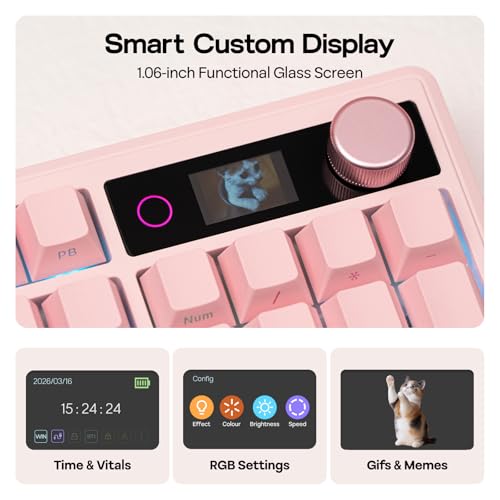 EPOMAKER TH108 V2 PRO Full Size Mechanical Keyboard with Screen&Knob, 10000mAh, BT/2.4Ghz, Mac Modifier PBT Keycap, Hot Swap, RGB, Gasket, Wireless Gaming Keyboard for Mac/PC (Pink, Creamy Jade)