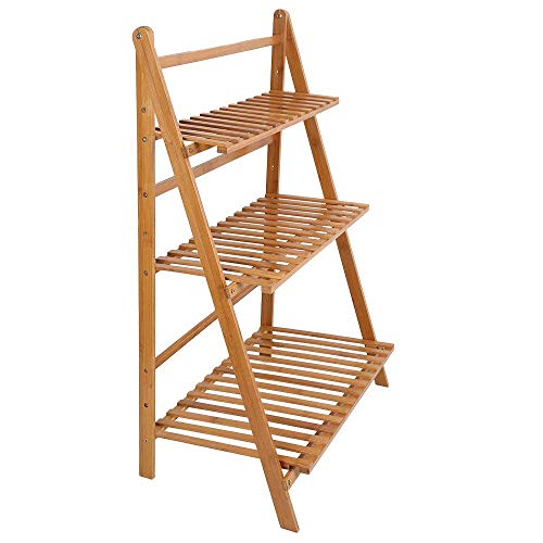 OGORI Bamboo Wood Ladder Plant Stand 3-Tier Foldable Organizer Flower Display Shelf Rack for Home Patio Lawn Garden Balcony Holder