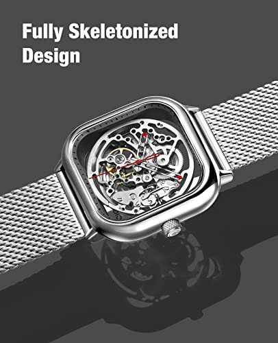 CIGA Design Automatic Mechanical Watch, Luxury Skeleton Square Business Dress Watch, Stainless Steel/Titanium Case with Silicone Strap, Gift for Men and Women