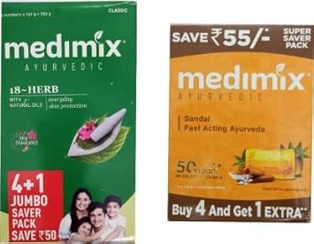 Buy 1 Medimix Ayurvedic Jumbo 18 Herb Soap 150 Gm 4 1 Pack 1 Medimix Ayurvedic Sandal Soap 125 Gm 4 1 Pack Online At Low Prices In India Amazon In