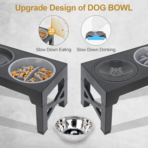 Polegas 3-in-1 Upgraded Raised Dog Bowl with Stand Elevated Dog Bowl with Slow Feeder,Non-Spill Slow Water and Stainless Steel Bowls 5 Height Adjustable dog food stand for Small Medium Large Sized Dog